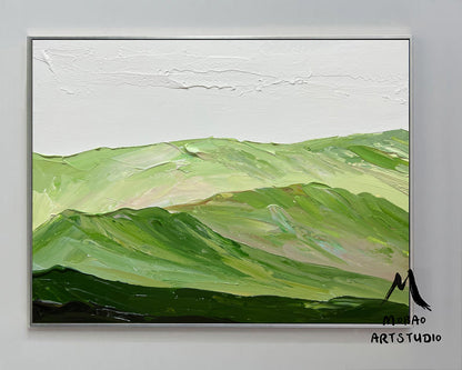 Light green landscape painting Green Abstract wall art Green Mountains landscape art Cloud texture Abstract Painting Sage green Abstract art