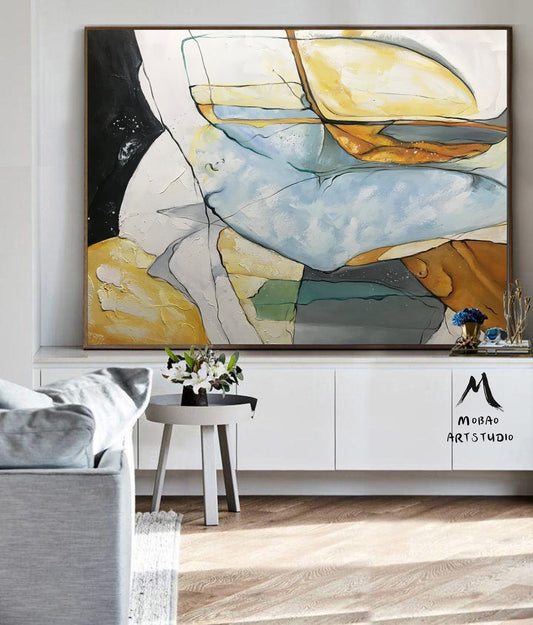 Large Black Painting Minimalist Abstract Painting,Original Glod Painting Blue Painting, Minimalist Abstract Painting,Large Canvas Painting