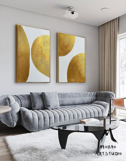 Gold Minimalist Abstract Painting Set of 2 Gold leaf Art White 3D Minimalist Painting Set of 2 White Abstract Painting Living Room Wall Art