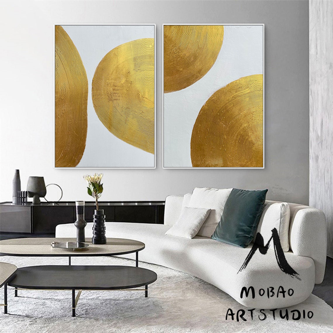 Gold Minimalist Abstract Painting Set of 2 Gold leaf Art White 3D Minimalist Painting Set of 2 White Abstract Painting Living Room Wall Art