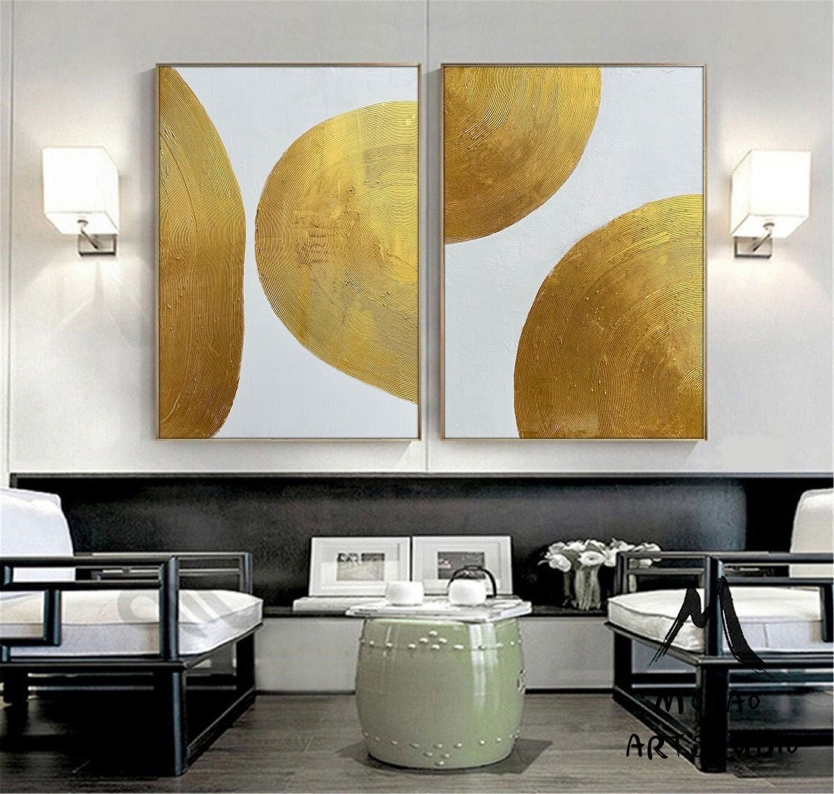 Gold Minimalist Abstract Painting Set of 2 Gold leaf Art White 3D Minimalist Painting Set of 2 White Abstract Painting Living Room Wall Art