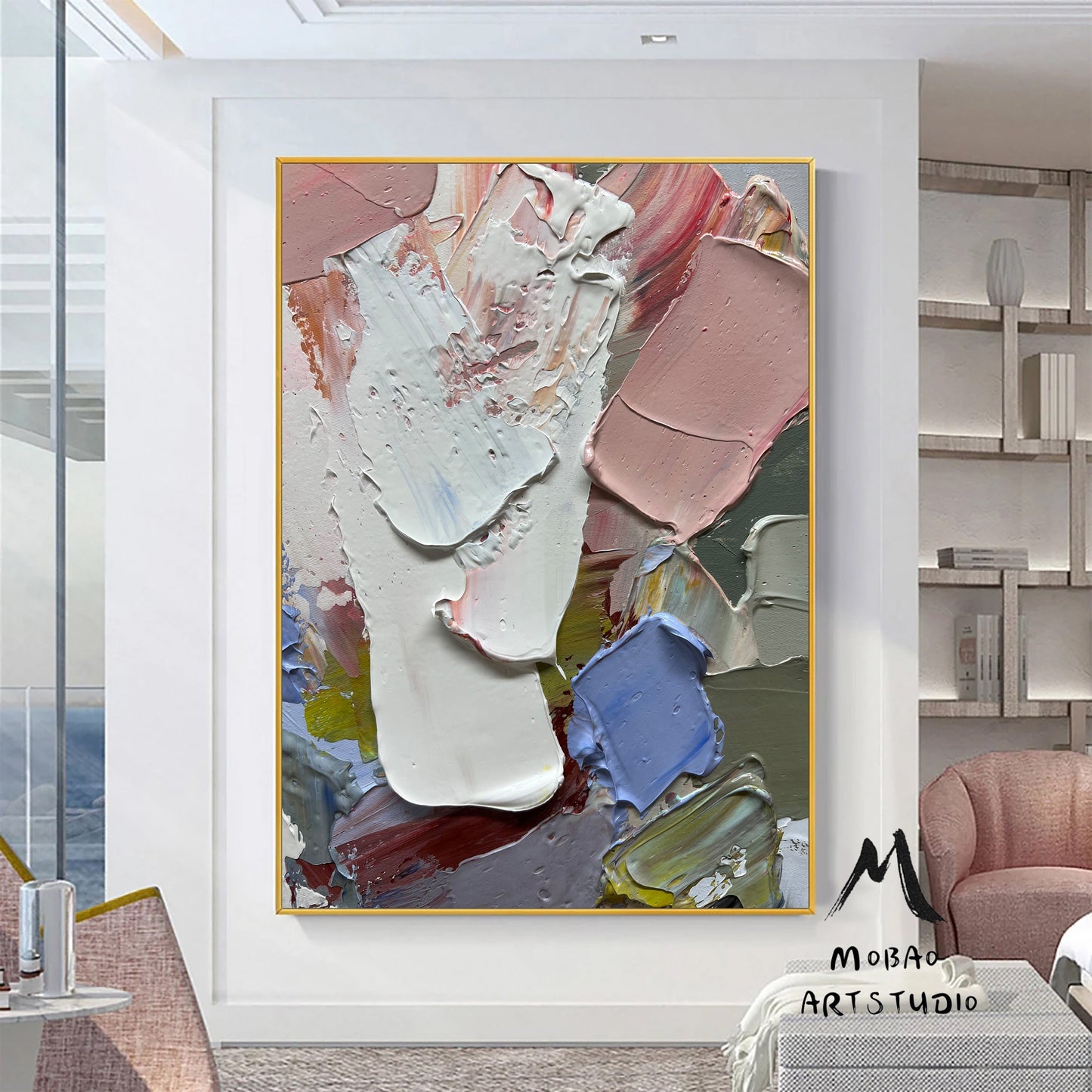 Original Abstract Painting White Textured Painting White 3D Texture Art Painting Pink Minimalist Wall Art Large Abstract Canvas Art Wall Art