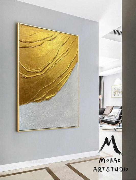Large Gold Textured Painting White Minimalist Painting Large Gold Abstract Painting Large White Abstract Painting Modern Abstract Painting