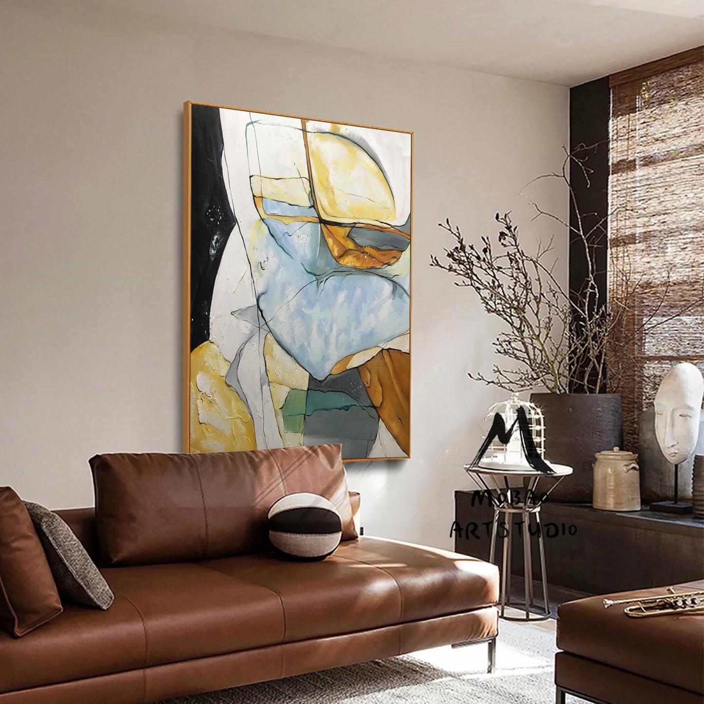 Minimalist Abstract Painting, Gold Painting Blue Painting, Large Minimalist Abstract Art, Original Abstract Painting, Living Room Wall Art