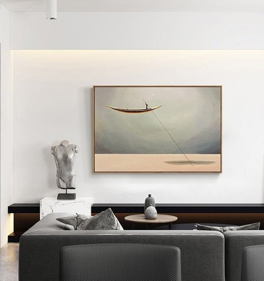 Sailboat Abstract Oil Painting Artwork, Floating Ship Like Floating In The Sky Ship Art Painting, Large Living Room Art Abstract Painting