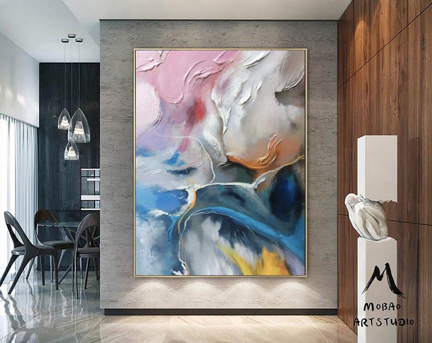 White 3D Textured Painting, Pink Painting, Blue Textured Painting Large Wall Art, White Wall Decor, Texture Wall Art, Over the Bed Decor