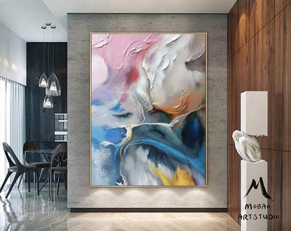 White 3D Textured Painting, Pink Painting, Blue Textured Painting Large Wall Art, White Wall Decor, Texture Wall Art, Over the Bed Decor