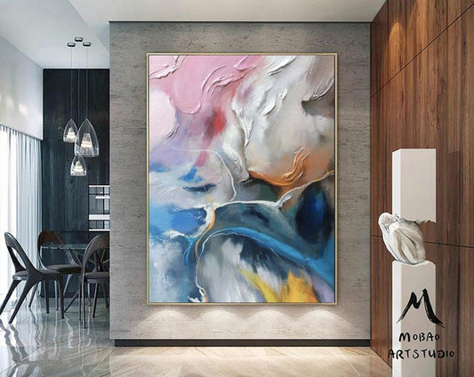 White 3D Textured Painting, Pink Painting, Blue Textured Painting Large Wall Art, White Wall Decor, Texture Wall Art, Over the Bed Decor