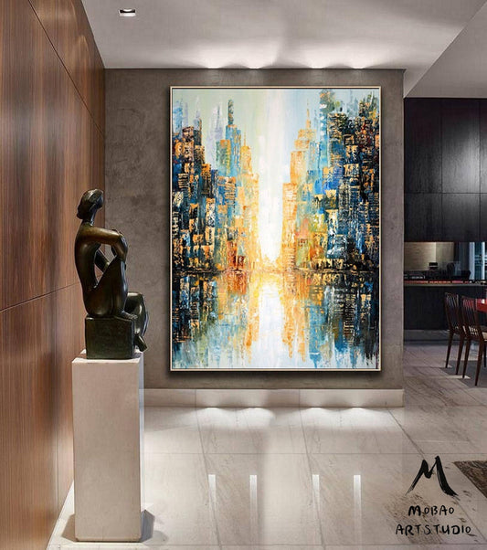 Large City abstract painting on Canvas, Wall City painting, New York city art, Modern city Wall art decor,City skyline Abstract oil painting