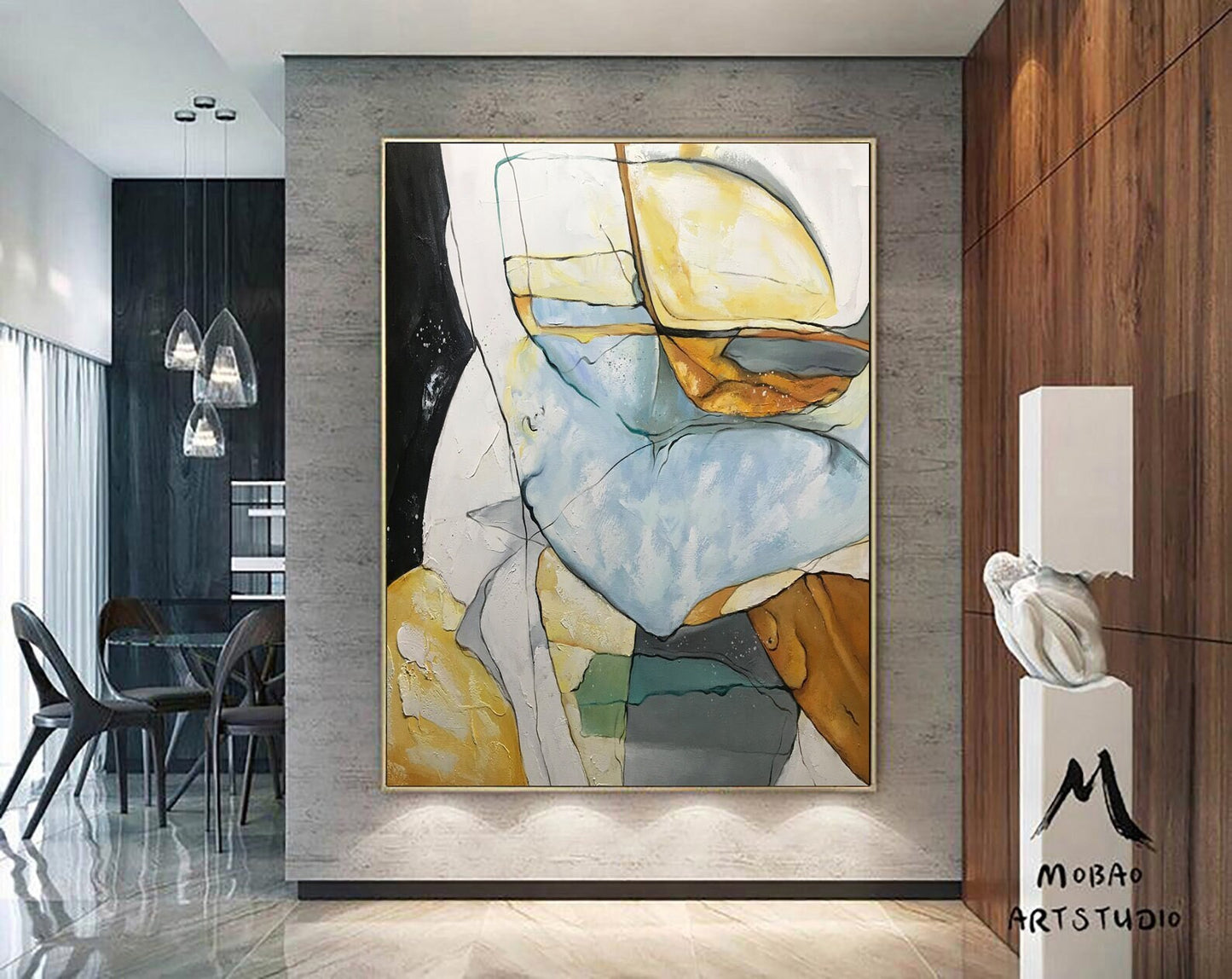 Minimalist Abstract Painting, Gold Painting Blue Painting, Large Minimalist Abstract Art, Original Abstract Painting, Living Room Wall Art