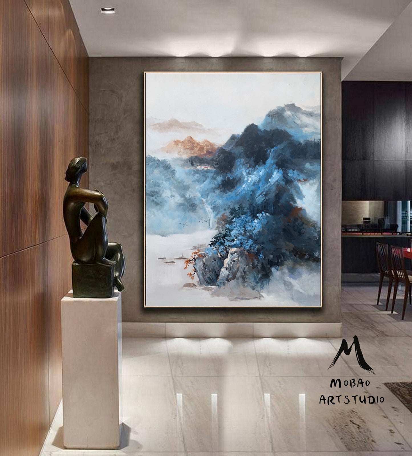 Original Dark Blue Mountain Landscape Painting,Large Landscape Paintingon Canvas,Blue Landscape Abstract Painting,Living Room Art Painting