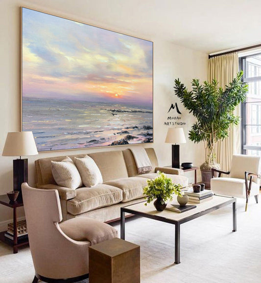 Large Ocean Abstract Painting On Canvas,Original Sky Sunset Landscape Painting,Sea Abstract Oil Painting,Large Living Room Wall Art