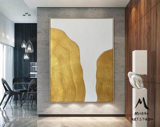 Large 3D Gold Abstract Painting White Minimalist Painting Large White Abstract Painting Gold 3D Textured Painting Modern Abstract Painting
