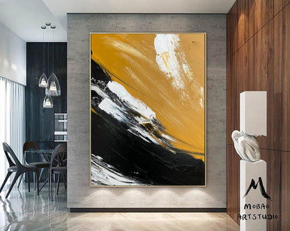 Large Yellow Painting Abstract Art, Extra Large Black Painting On Canvas,Large White Abstract Painting, Contemporary Art Modern Oil Painting
