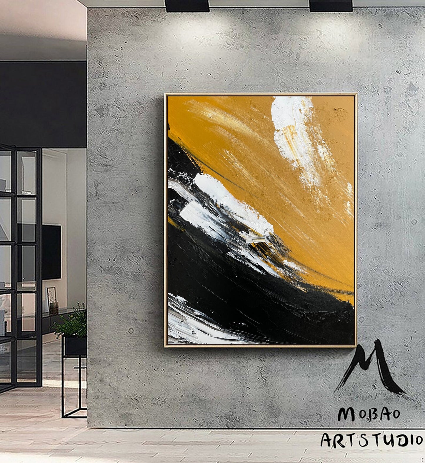 Large Yellow Painting Abstract Art, Extra Large Black Painting On Canvas,Large White Abstract Painting, Contemporary Art Modern Oil Painting