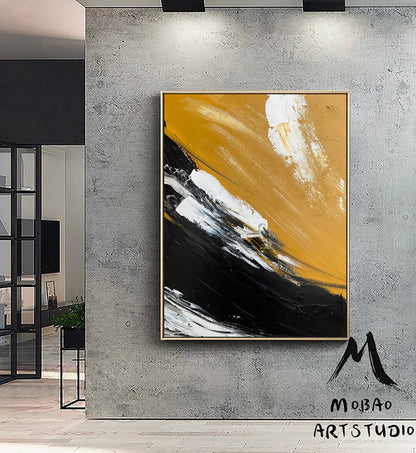 Large Yellow Painting Abstract Art, Extra Large Black Painting On Canvas,Large White Abstract Painting, Contemporary Art Modern Oil Painting