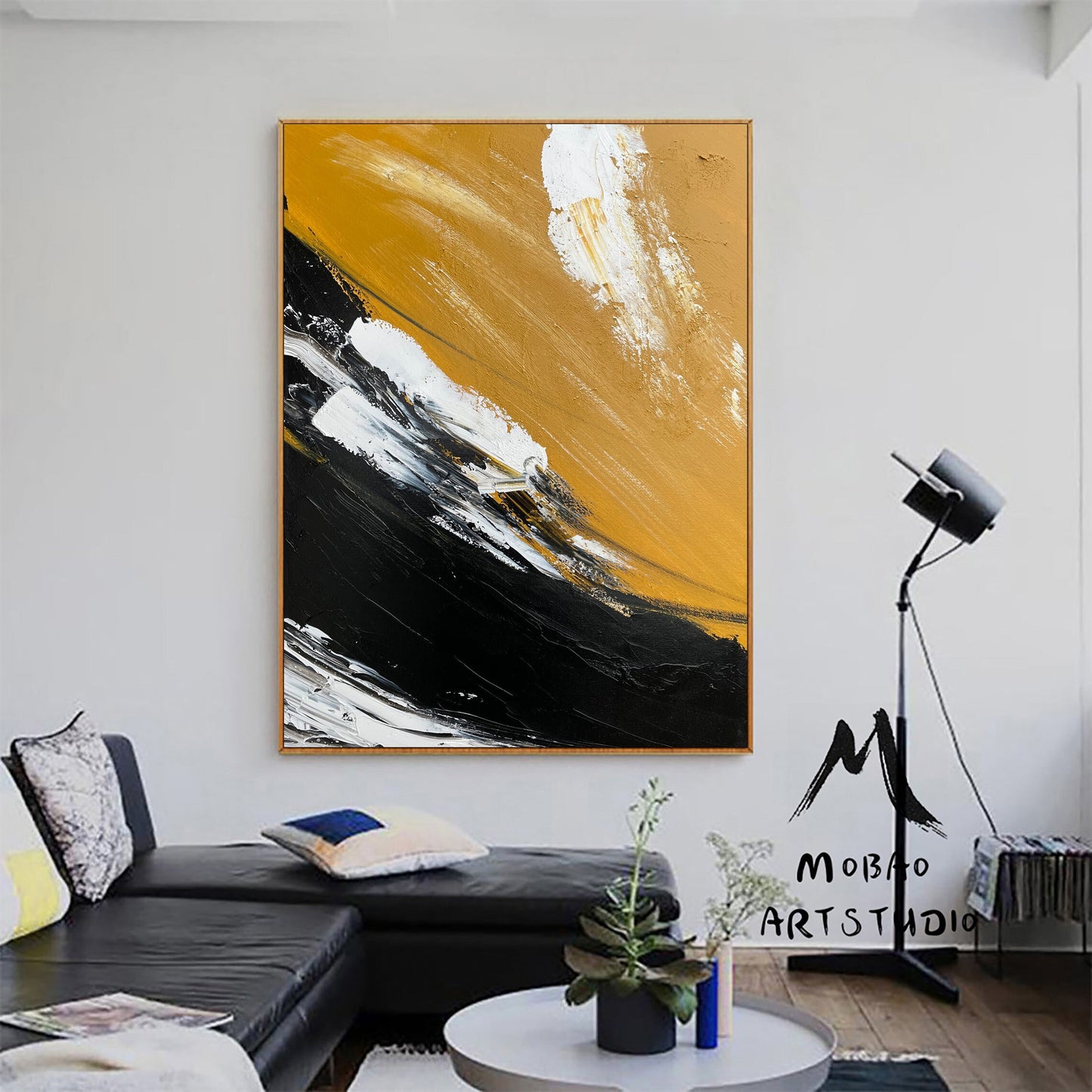 Large Yellow Painting Abstract Art, Extra Large Black Painting On Canvas,Large White Abstract Painting, Contemporary Art Modern Oil Painting