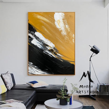 Large Yellow Painting Abstract Art, Extra Large Black Painting On Canvas,Large White Abstract Painting, Contemporary Art Modern Oil Painting