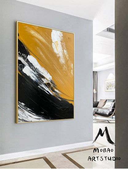 Large Yellow Painting Abstract Art, Extra Large Black Painting On Canvas,Large White Abstract Painting, Contemporary Art Modern Oil Painting