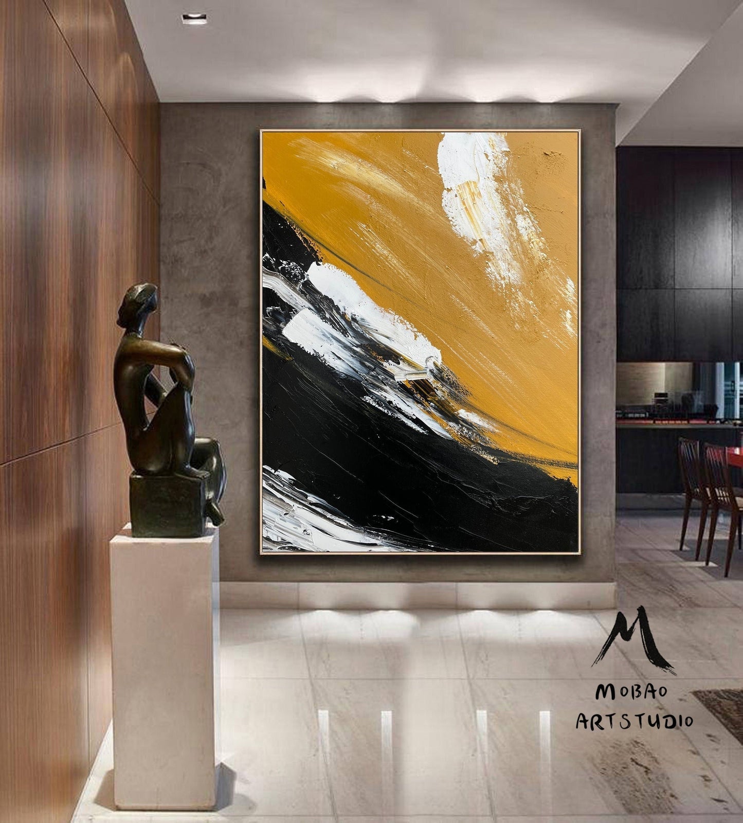 Large Yellow Painting Abstract Art, Extra Large Black Painting On Canvas,Large White Abstract Painting, Contemporary Art Modern Oil Painting