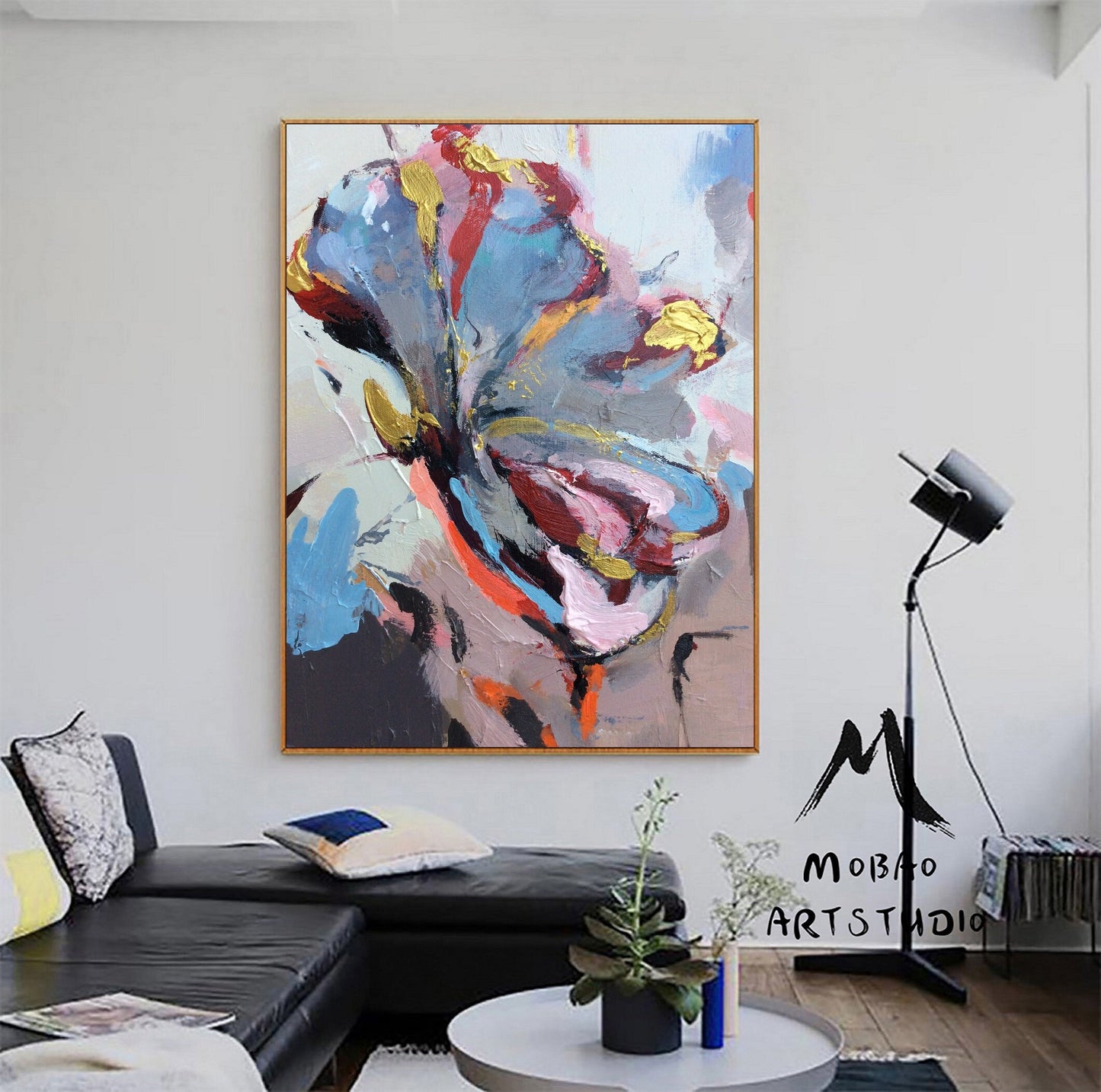 Large Flower abstract painting,Gold texture painting,Blue abstract painting,Pink abstract painting,Gray abstract painting,Large wall art