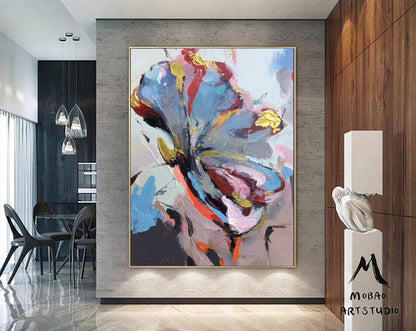 Large Flower abstract painting,Gold texture painting,Blue abstract painting,Pink abstract painting,Gray abstract painting,Large wall art