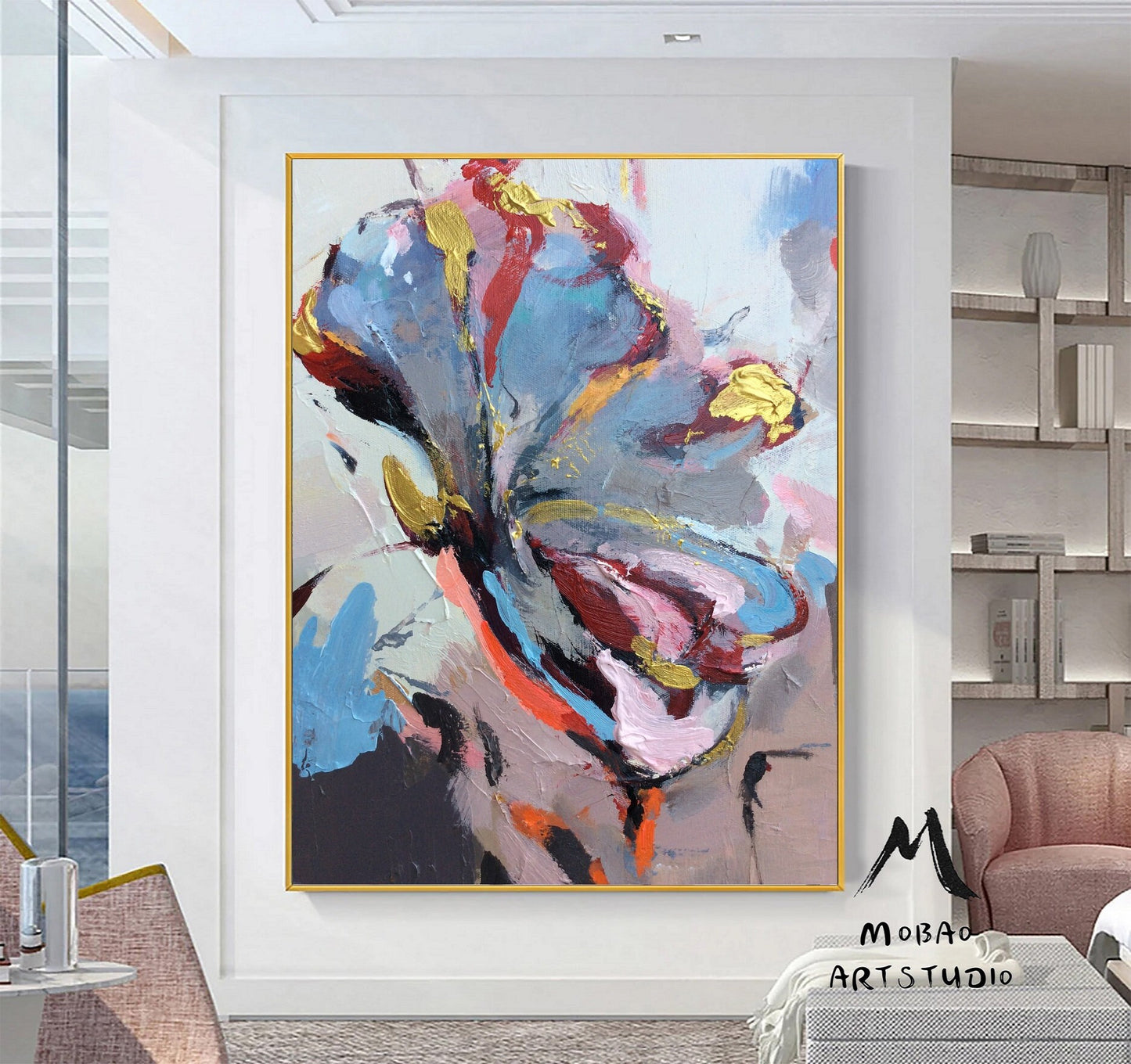 Large Flower abstract painting,Gold texture painting,Blue abstract painting,Pink abstract painting,Gray abstract painting,Large wall art
