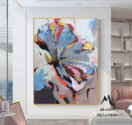 Large Flower abstract painting,Gold texture painting,Blue abstract painting,Pink abstract painting,Gray abstract painting,Large wall art