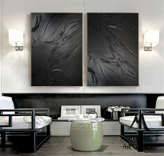 Black 3D Textured Painting Set of 2 Black Abstract Painting Original Black Textured Wall Art Painting Black Minimalist Abstract Painting