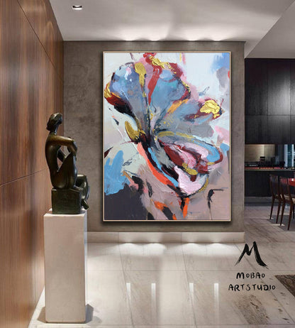 Large Flower abstract painting,Gold texture painting,Blue abstract painting,Pink abstract painting,Gray abstract painting,Large wall art
