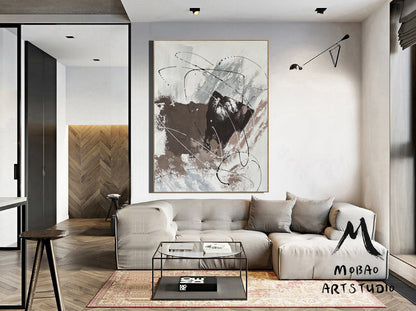 Large Dark Beige Abstract Painting Taupe 3D Textured Painting Beige Minimalist Painting Gray Oil Painting Beige Wall Art White Wall Painting