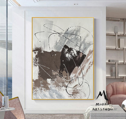 Large Dark Beige Abstract Painting Taupe 3D Textured Painting Beige Minimalist Painting Gray Oil Painting Beige Wall Art White Wall Painting