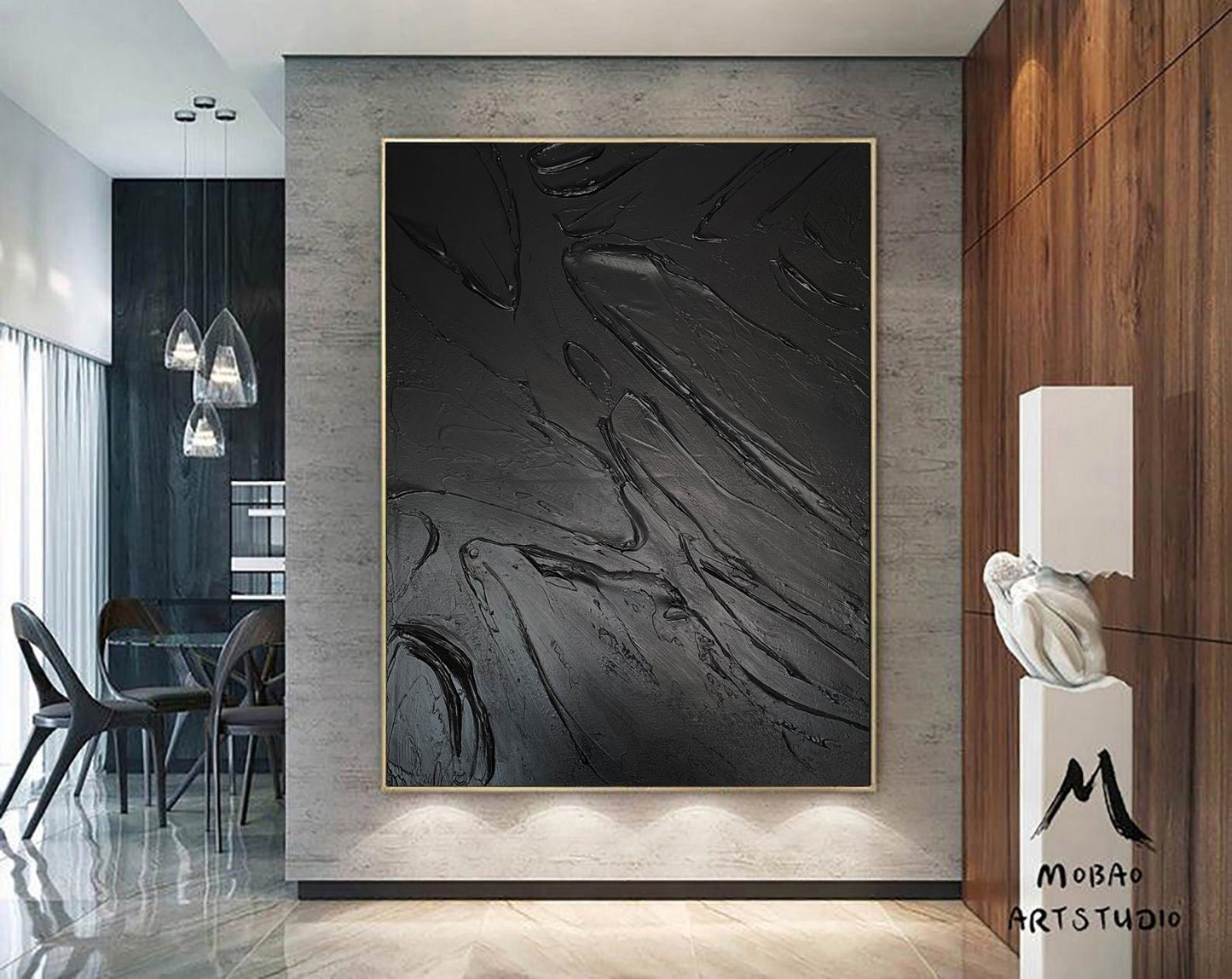 Large Black Abstract Painting Black Textured Wall Art Black Abstract Art Black 3D Wall Decor Black Wall Art Black Framed Abstract Art