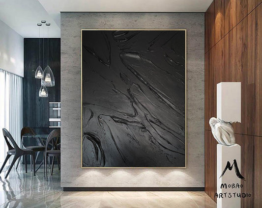 Large Black Abstract Painting Black Textured Wall Art Black Abstract Art Black 3D Wall Decor Black Wall Art Black Framed Abstract Art