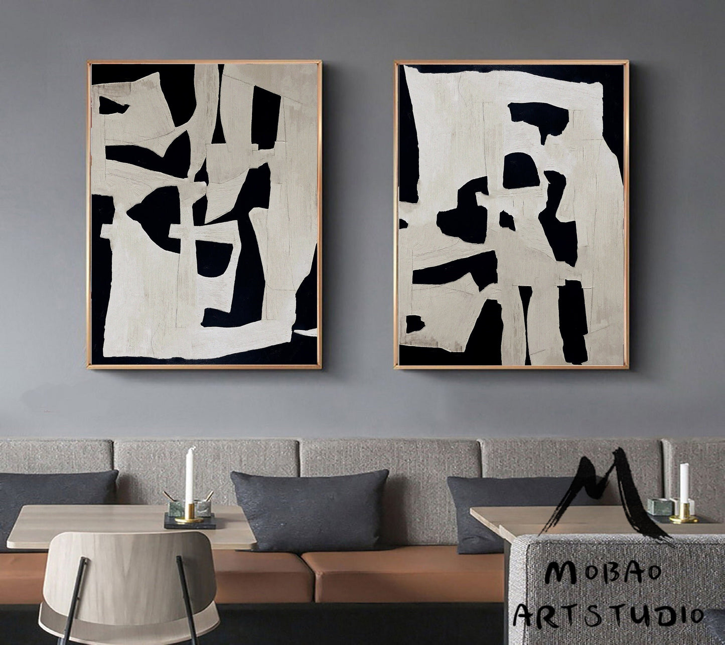 Large Textured Wall Art Painting Set of 2 White Abstract Painting Black Abstract Painting Black Textured Painting Set of 2 White Wall Art