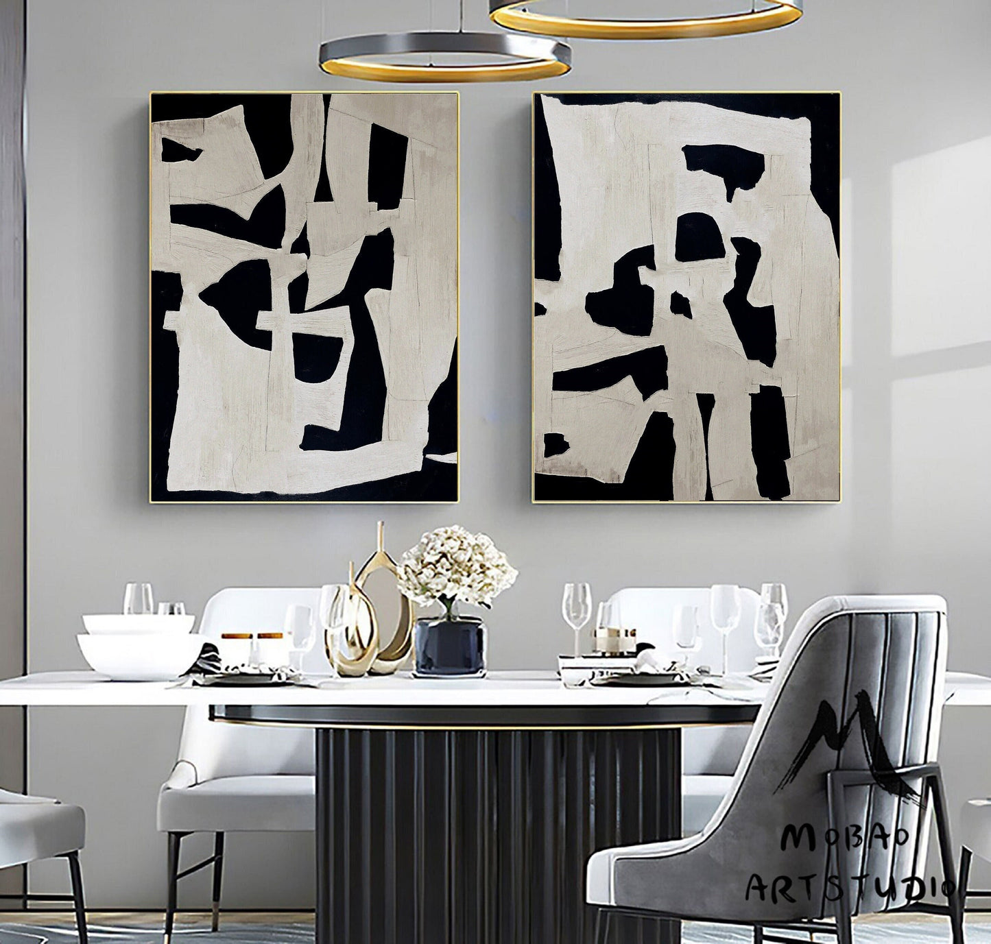 Large Textured Wall Art Painting Set of 2 White Abstract Painting Black Abstract Painting Black Textured Painting Set of 2 White Wall Art