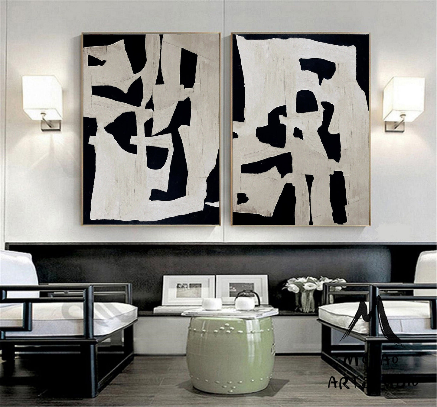 Large Textured Wall Art Painting Set of 2 White Abstract Painting Black Abstract Painting Black Textured Painting Set of 2 White Wall Art