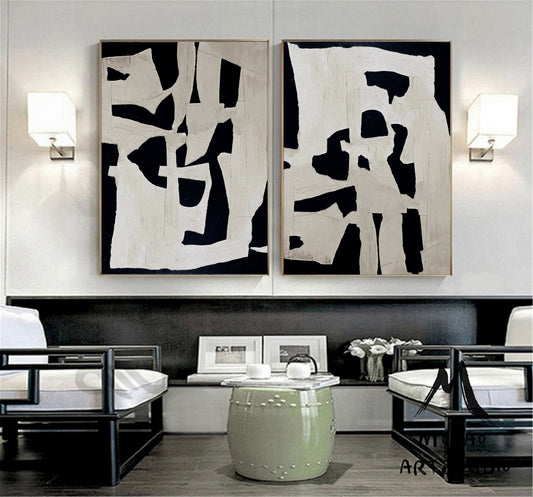 Large Textured Wall Art Painting Set of 2 White Abstract Painting Black Abstract Painting Black Textured Painting Set of 2 White Wall Art