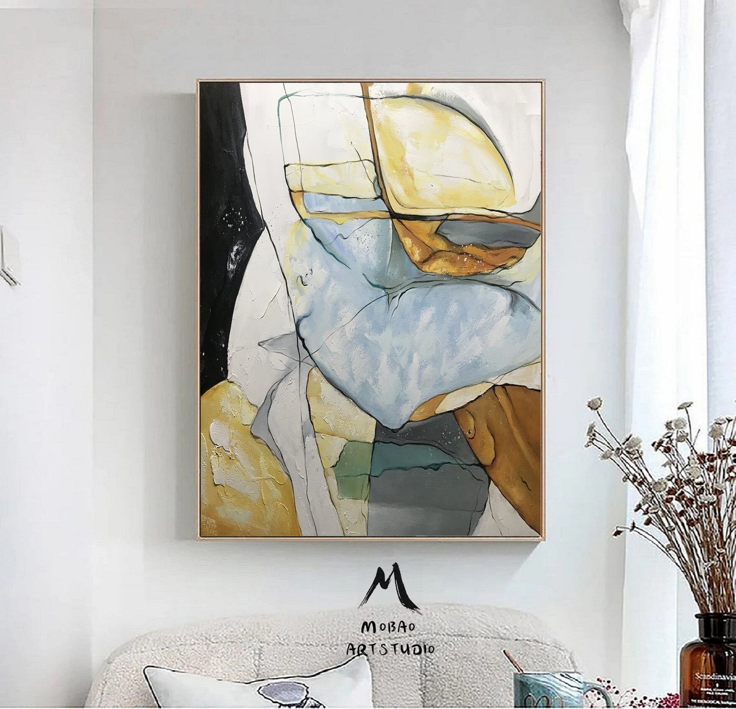 Minimalist Abstract Painting, Gold Painting Blue Painting, Large Minimalist Abstract Art, Original Abstract Painting, Living Room Wall Art