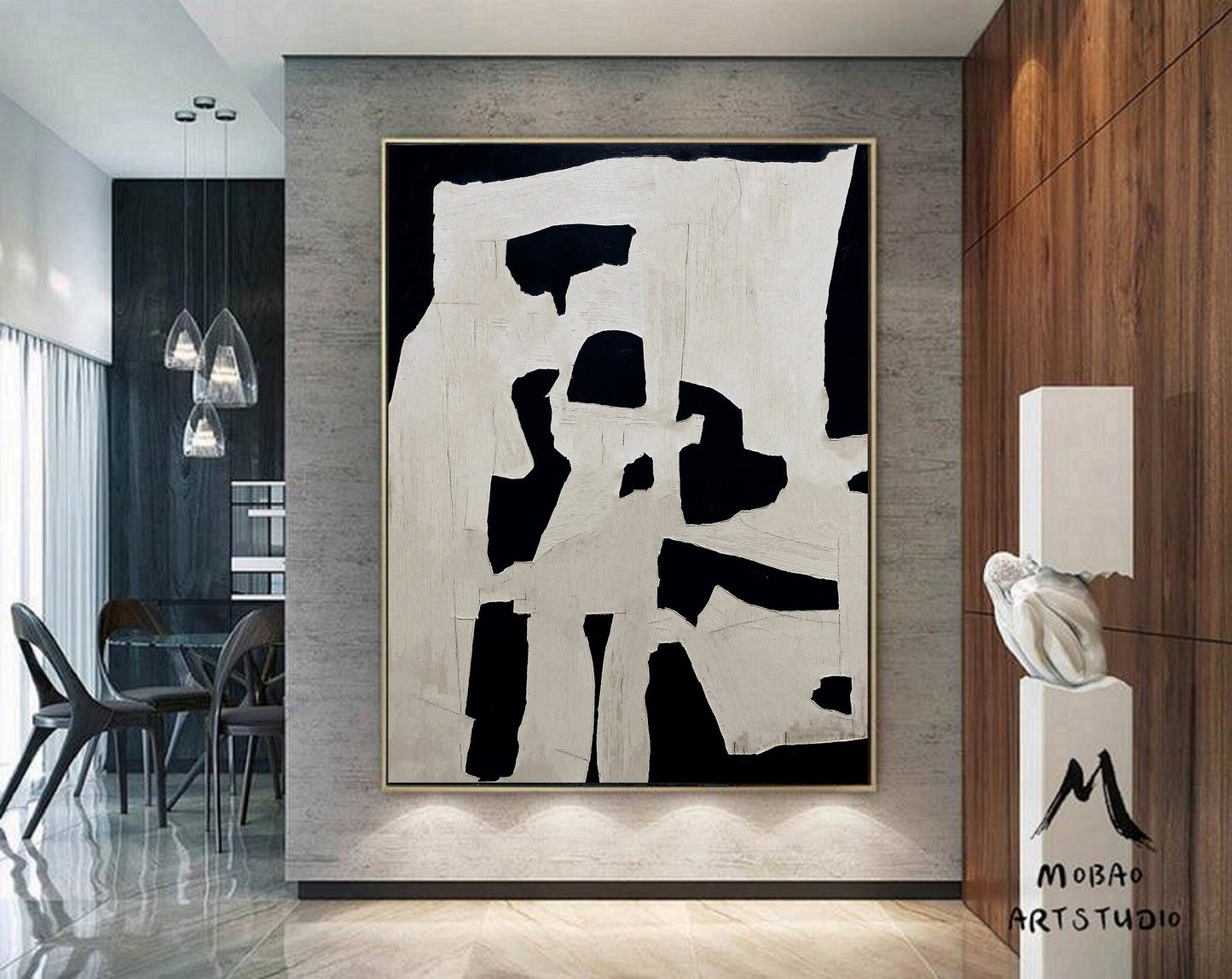 White Abstract Painting Boho Wall Art Black Minimalist Canvas Art White Wabi Sabi Wall Art Rich Textured Canvas Painting Large Neutral Art