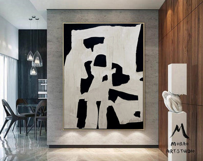 White Abstract Painting Boho Wall Art Black Minimalist Canvas Art White Wabi Sabi Wall Art Rich Textured Canvas Painting Large Neutral Art