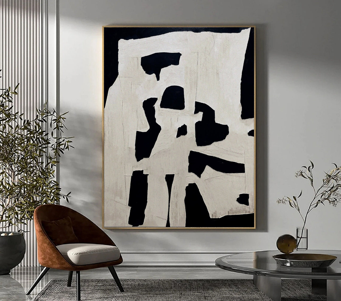 White Abstract Painting Boho Wall Art Black Minimalist Canvas Art White Wabi Sabi Wall Art Rich Textured Canvas Painting Large Neutral Art
