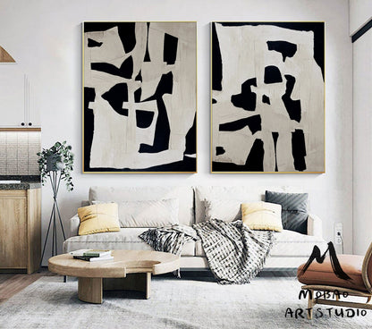 Large Textured Wall Art Painting Set of 2 White Abstract Painting Black Abstract Painting Black Textured Painting Set of 2 White Wall Art