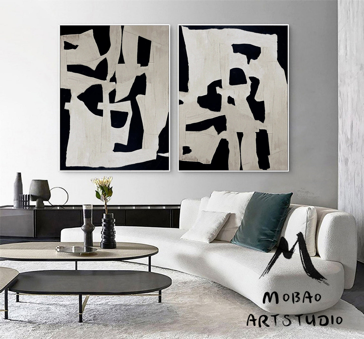 Large Textured Wall Art Painting Set of 2 White Abstract Painting Black Abstract Painting Black Textured Painting Set of 2 White Wall Art