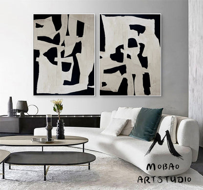 Large Textured Wall Art Painting Set of 2 White Abstract Painting Black Abstract Painting Black Textured Painting Set of 2 White Wall Art