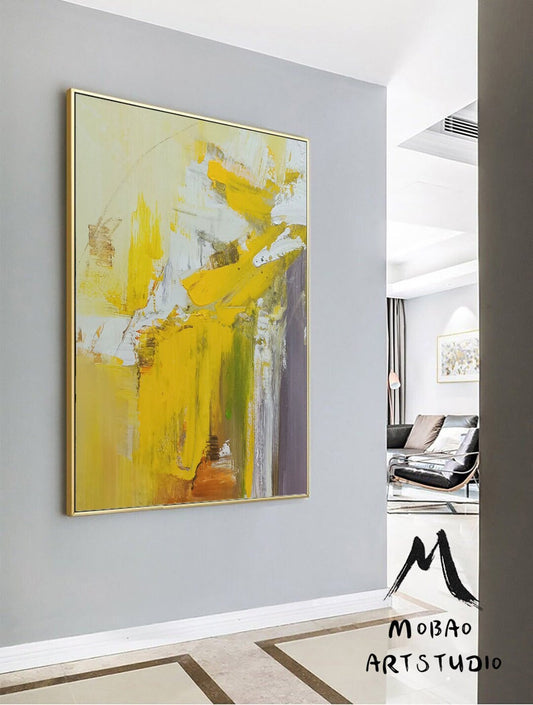 Large Yellow Textured Abstract Painting,Original White Abstract Modern Handmade Abstract Painting,Contemporary Art,Sofa Wall Art Painting