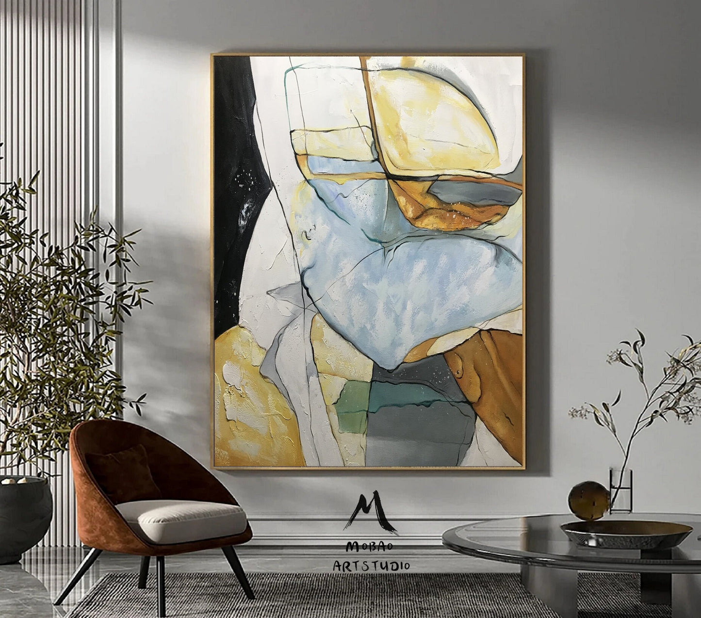 Minimalist Abstract Painting, Gold Painting Blue Painting, Large Minimalist Abstract Art, Original Abstract Painting, Living Room Wall Art