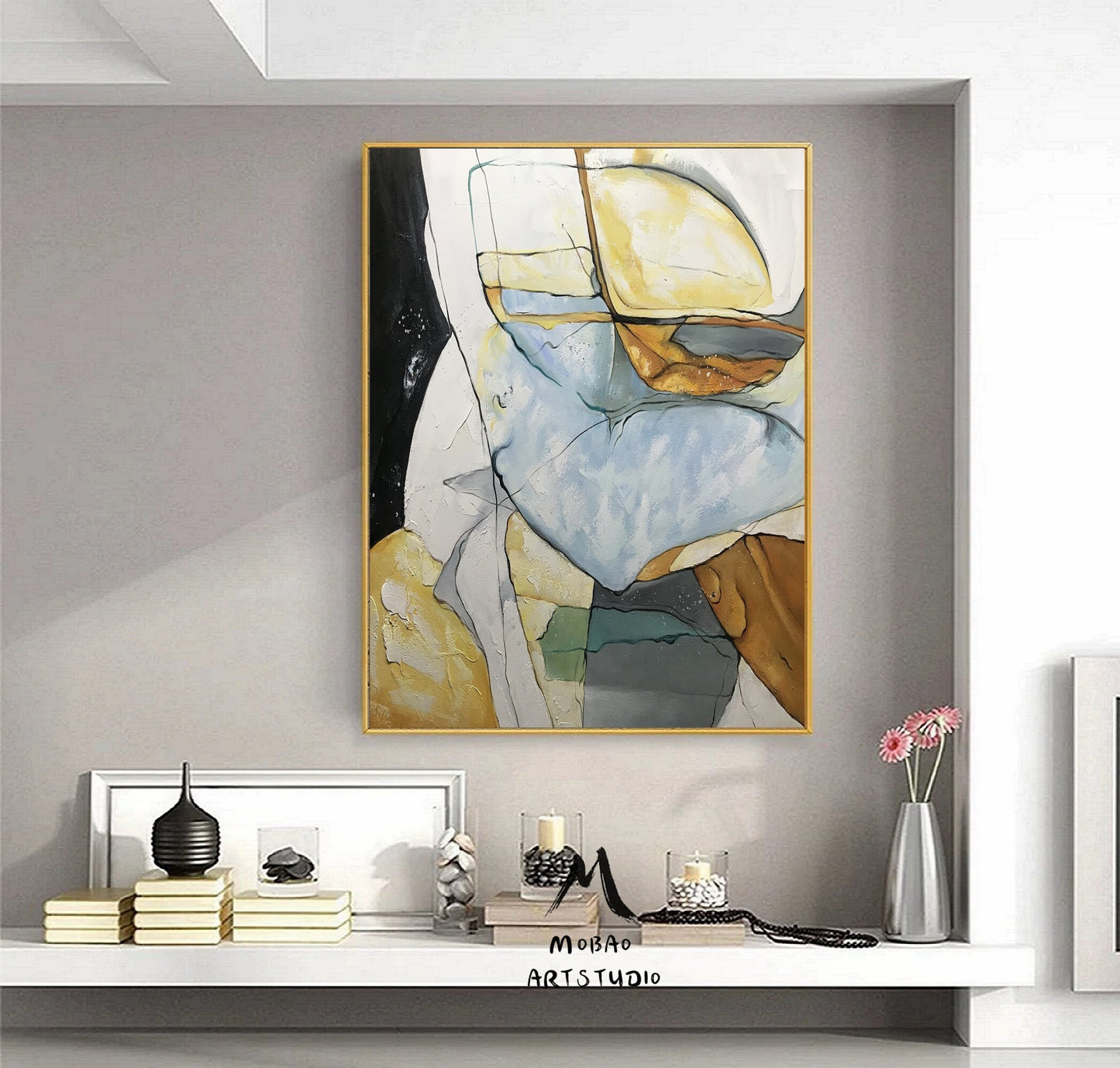 Minimalist Abstract Painting, Gold Painting Blue Painting, Large Minimalist Abstract Art, Original Abstract Painting, Living Room Wall Art