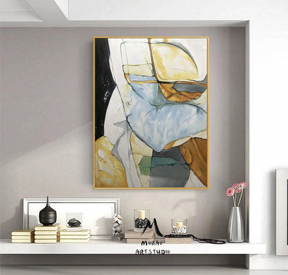 Minimalist Abstract Painting, Gold Painting Blue Painting, Large Minimalist Abstract Art, Original Abstract Painting, Living Room Wall Art