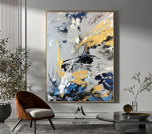 Large Gold Painting Abstract Art, Extra Large Painting On Canvas,Blue Abstract Painting Gray Painting, Contemporary Art Modern Oil Painting